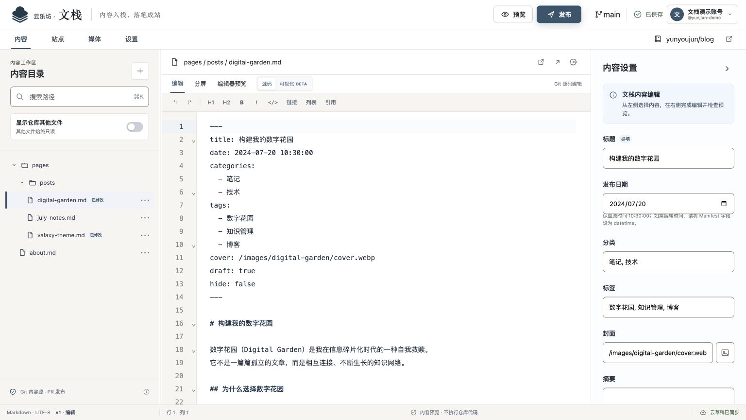 云栈编辑工作区，包含内容目录、Markdown 编辑器和内容设置